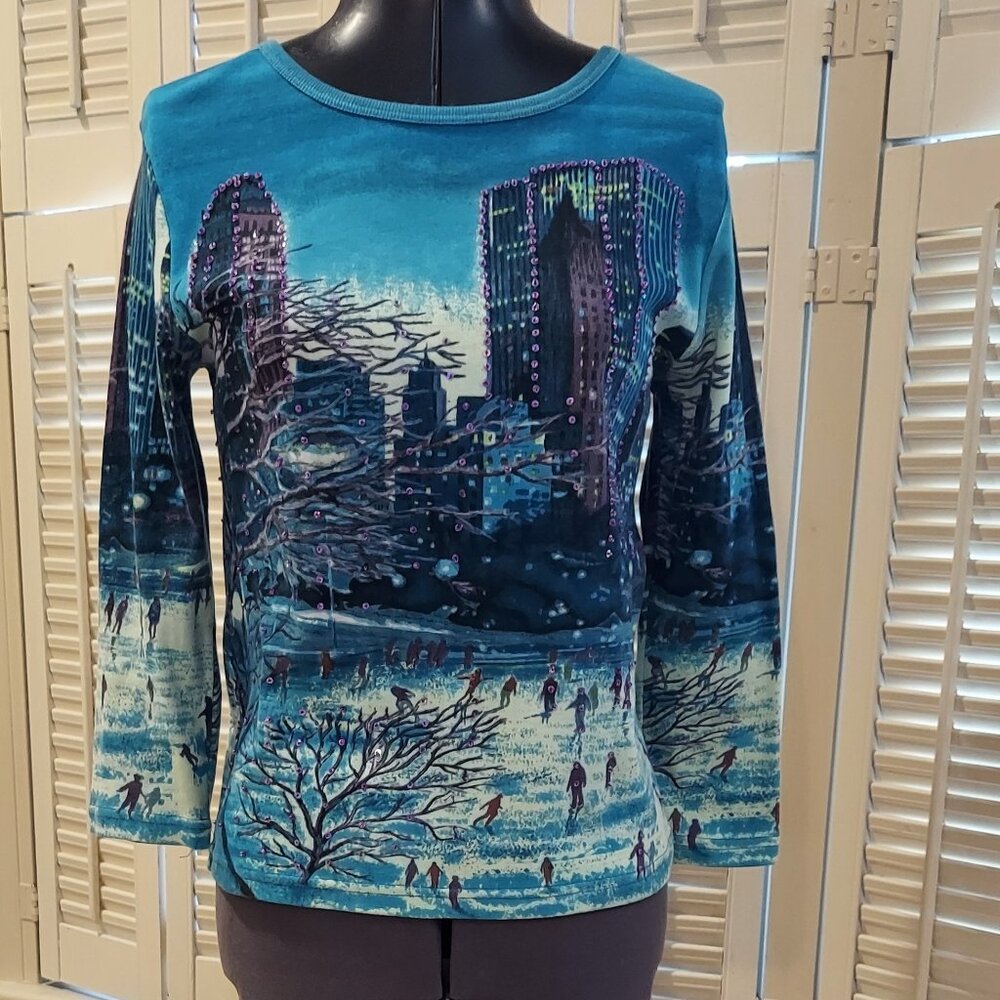 City Winter Scene Beaded & Sequined Long Sleeve T-shirt by Carrie Allen Size M